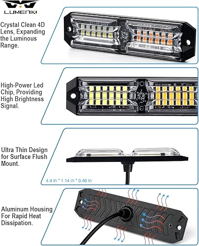 Miniatura 2 de LUMENIX Kits de luces estroboscópicas de rejilla para camiones con controlador, 8 unidades de luz LED ámbar blanco de alta intensidad para montaje