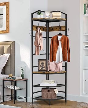Recaceik 5-in-1 Hall Tree Entryway Bench Coat Rack with 11 Hooks and 2 Hanging Rods, Grid Panel Home Organizer Shoe Shelf for Corner, Hallway, Closet, Rustic Brown