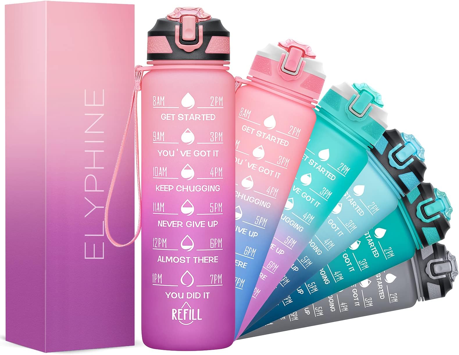 ELYPHINE 32/24 oz Water Bottles with Removable Straw & Time Marker, Motivational Sports Bottles with BPA Free Tritan Material, Leakproof Water Jug for Fitness