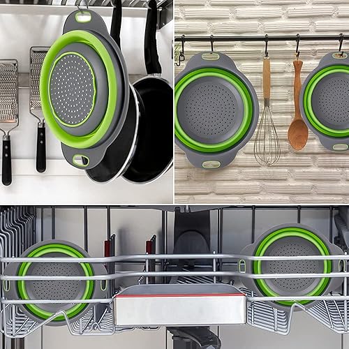 Miniatura 8 de Coladores plegables con asas con asas extensibles, perfectos para drenar pasta, verduras, frutas, 2 unidades (azul) zoopod (verde)
