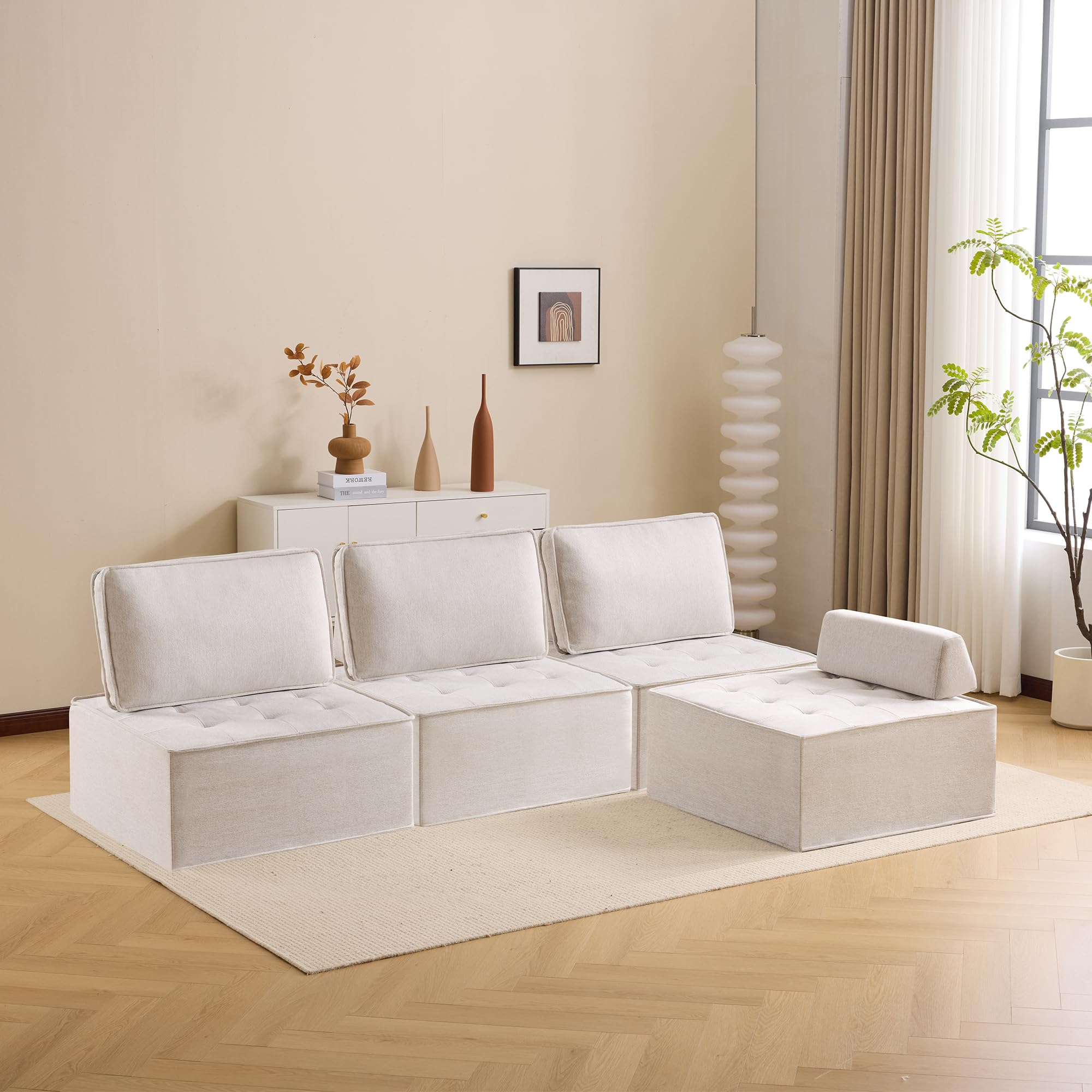 Sofá Modular Reclinable de Tela 100% Lino, Asiento Individual o en Forma de L, Espuma de Alta Elasticidad, para Apartamentos Pequeños y Dormitorios