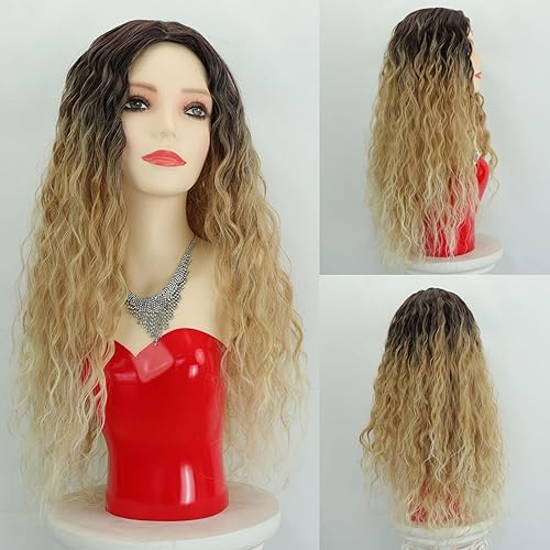 Fencca Layered Ombre Blonde Long Curly Wigs for Women 24 inch Middle Part Synthetic Wavy Wig with Dark roots Natural Looking Daily Party Wig