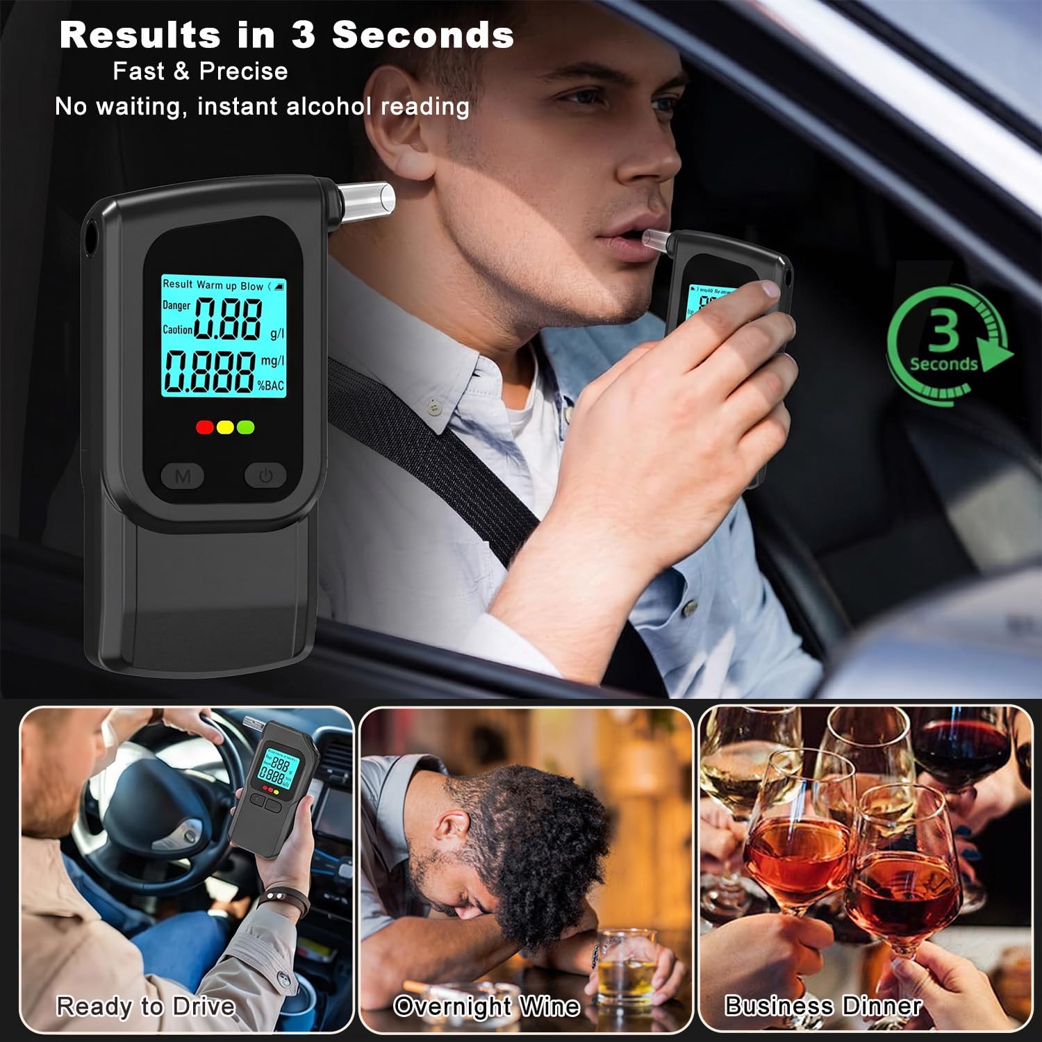 GemCoo ethylotest electronique 3 Secondes avec écran LED, ethylotest Professionnel numérique à Double Mode pour Test Rapide et précision, INCL. 10 Embouts