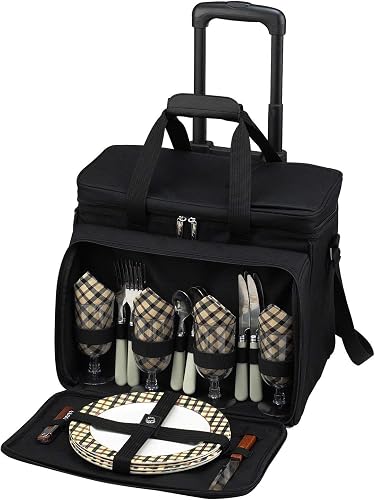 Picnic at Ascot Original Insulated Picnic Cooler with Service for 4 on Wheels-Designed & Assembled in the USA