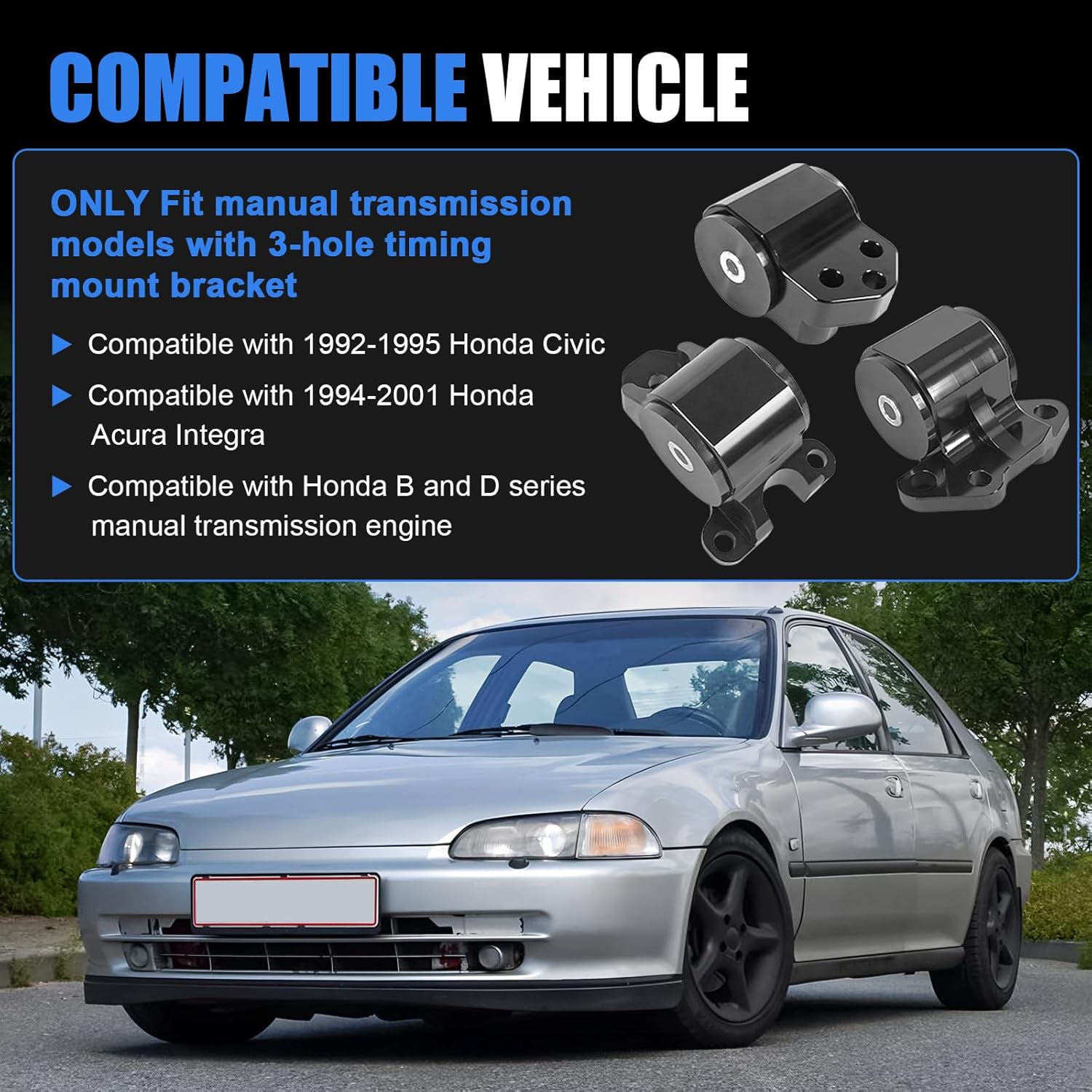 Engine Billet Motor Mount Bracket Kit 3-Bolt Compatible with 1992-2001 Honda Civic Acura Integra B D Series Manual Transmission 3PCS