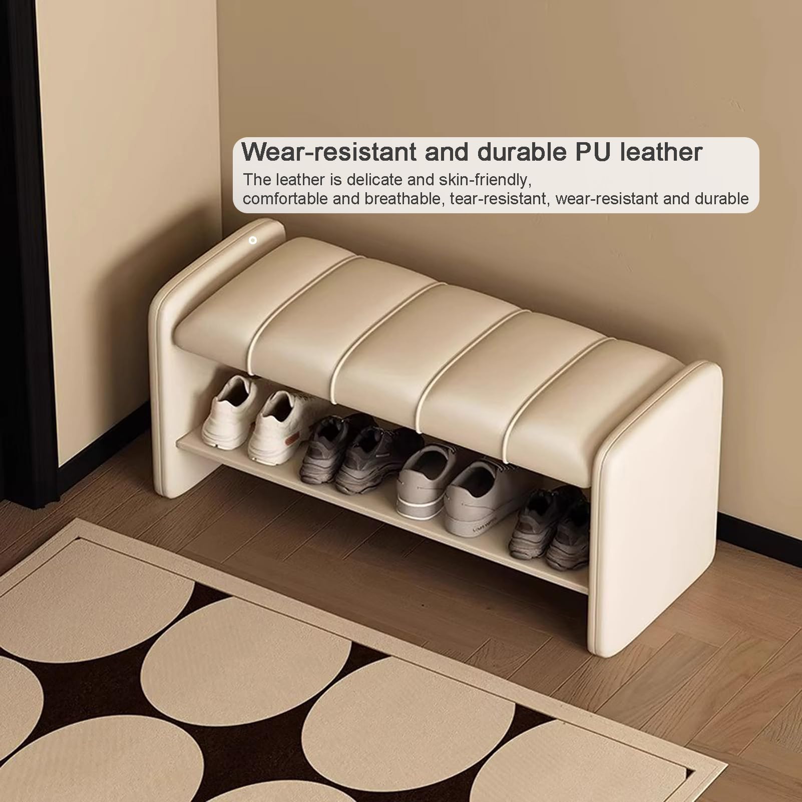 Banco tapizado para Guardar Zapatos al pie de la Cama, Estante de Entrada con Asiento de Cuero sintético.