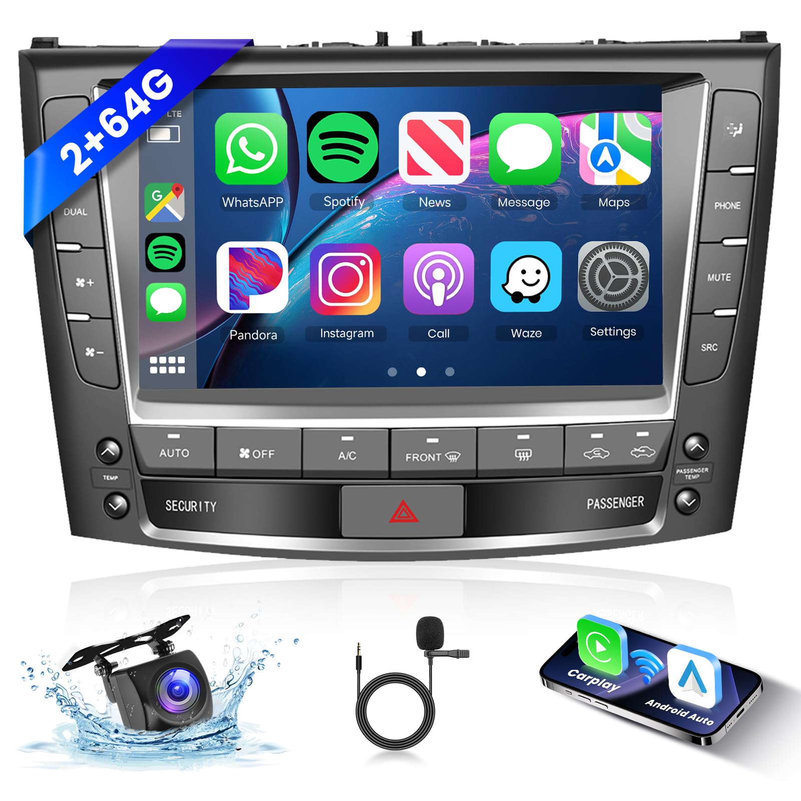 [2G+64G] Car Stereo for Lexus IS250 IS300 IS350 2006-2012 Android Radio Carplay Wireless Android Auto, Hodozzy 9 inch Touch Screen with GPS/WiFi/Bluetooth, FM RDS, Mirror Link, Backup Camera