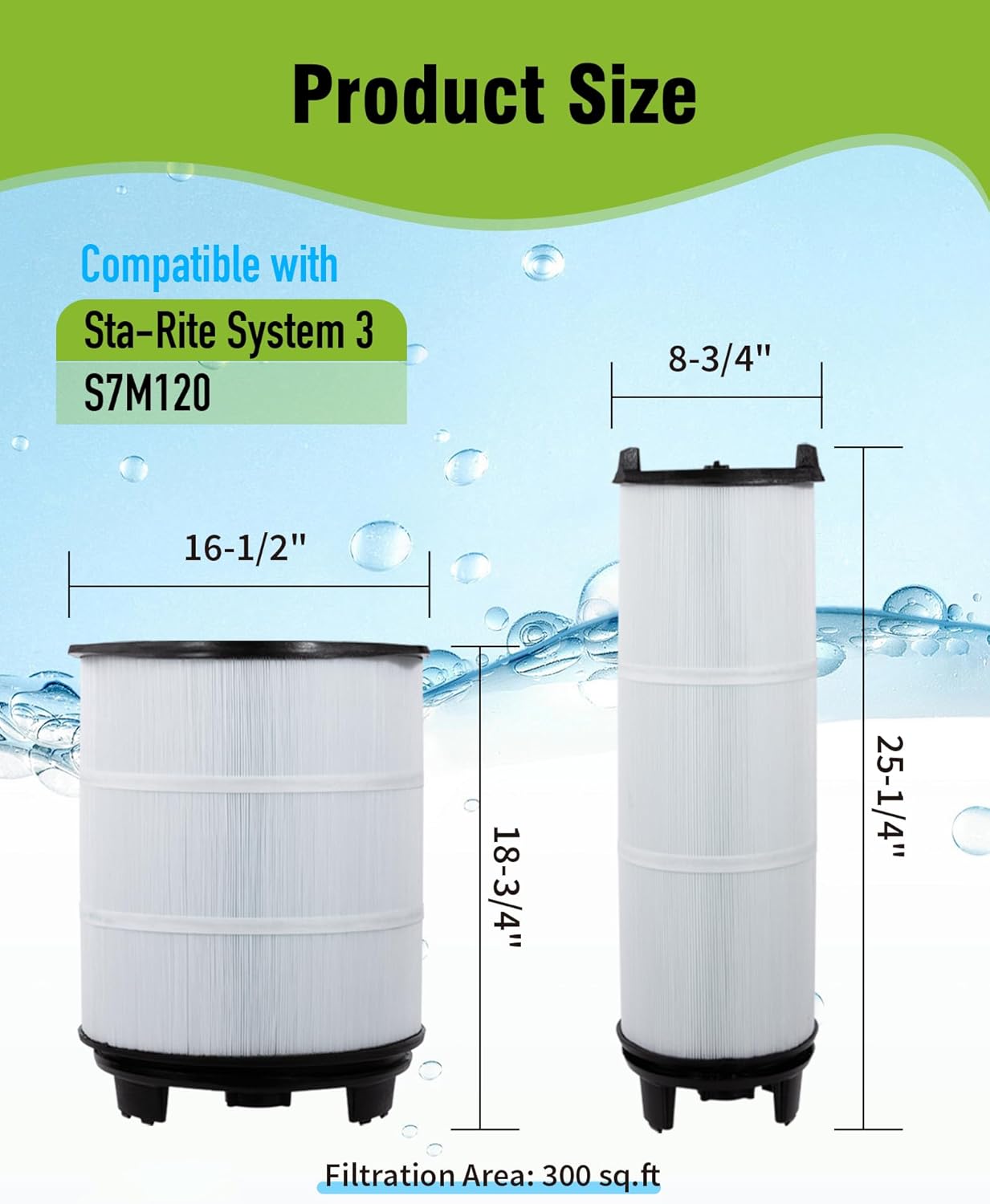 S7M120 Pool Fliter Cartridges Inner and Outer Set Replacement for System 3 S7M120, Sta-Rite 25021-0200S & 25022-0201S, SR300, Pentair 300sq.ft (Black with O Ring)
