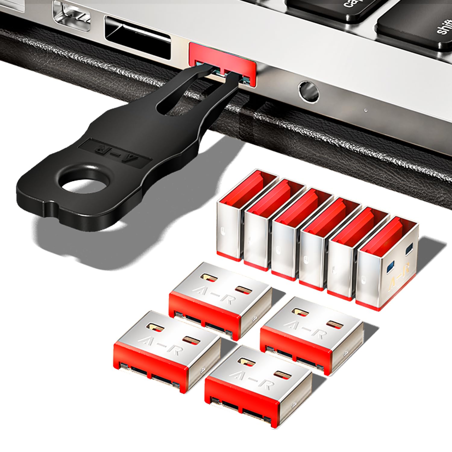 AMPCOM USB-Port-Block mit Schlüsseln, rot, 100 Einsätze mit 10 Schlüsseln