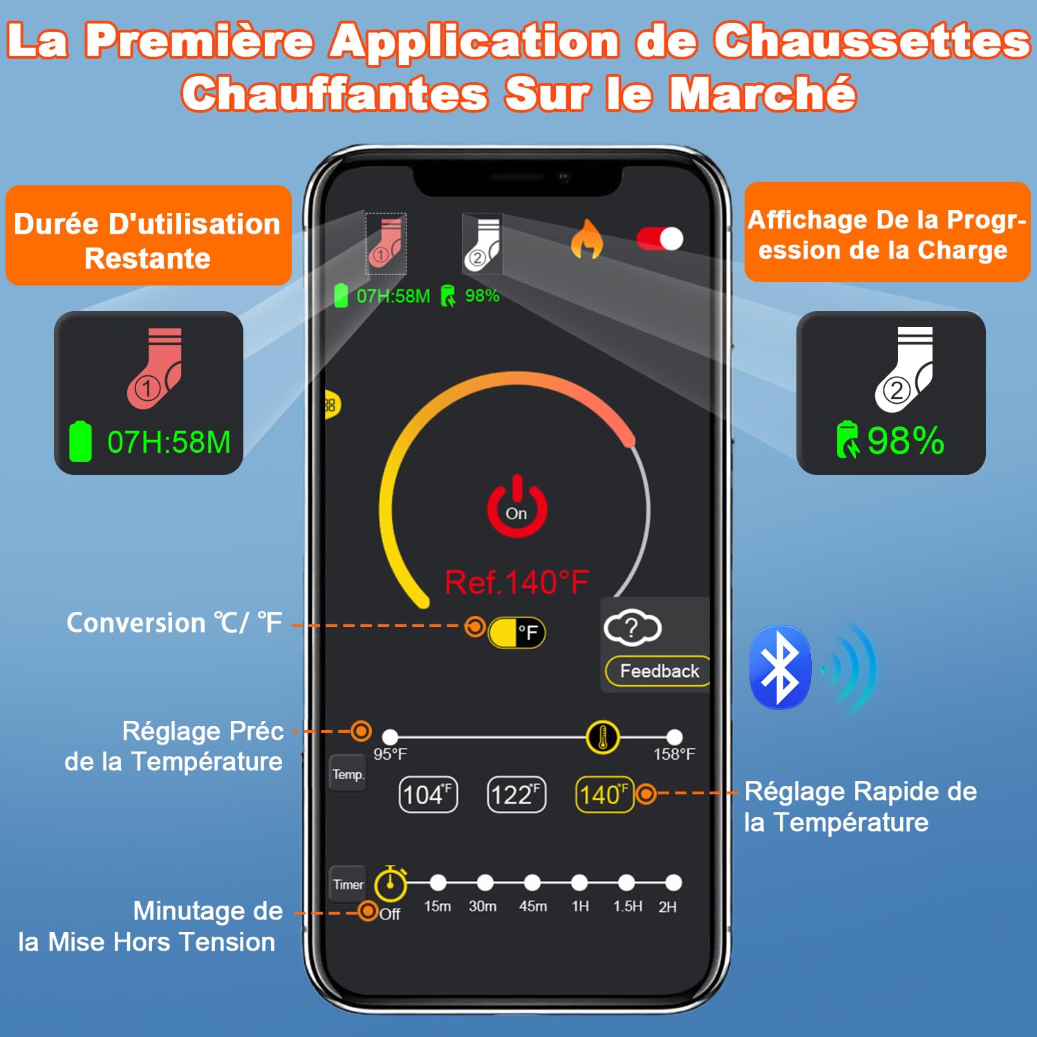 Chaussettes Chauffantes Homme Femme avec Télécommande APP Chauffe-Pieds,6000mAh Rechargeables Chaussettes Chaudes d'hiver en Coton