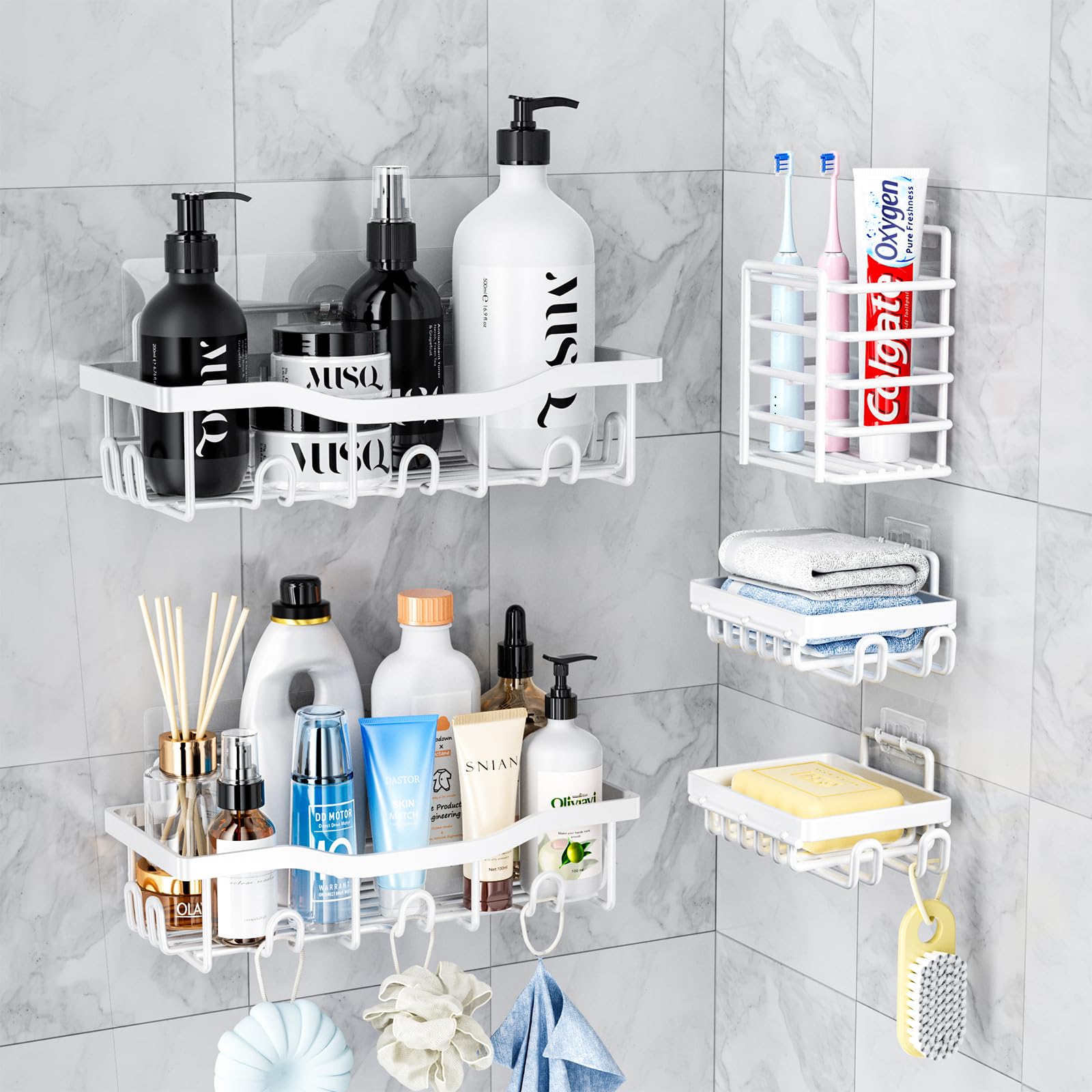 PKBD Rustproof Stainless Steel Shower Caddy 5 Pack, Bathroom Storage Accessory Shelf Organiser No Drilling Hanging