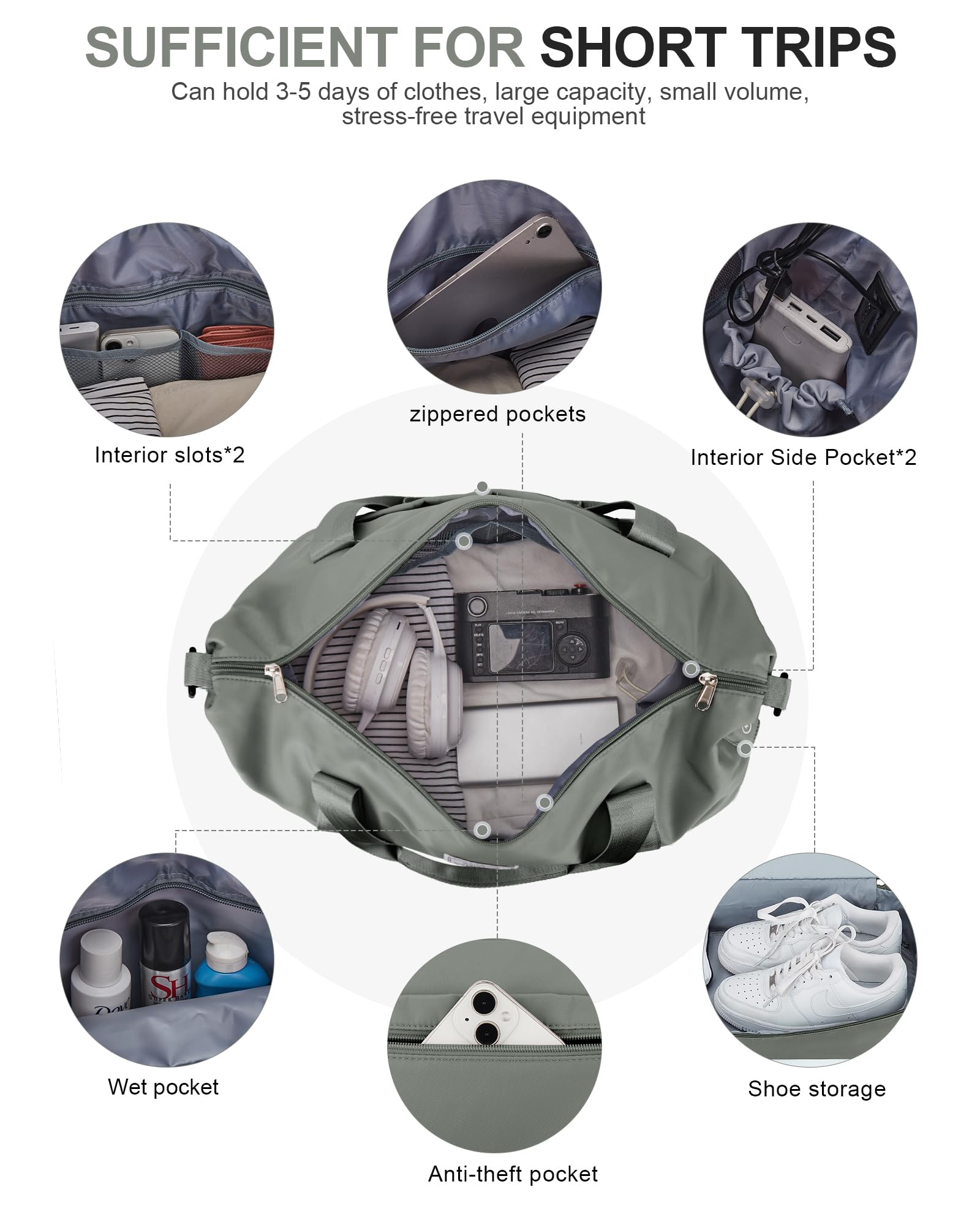 Borsone da Viaggio Donna, Bagaglio a Mano Borsa da Viaggio con Scomparto per le Scarpe, Borsa Sportiva Borsone da Palestra Grande, Borsa da Weekend, Borsa per Ospedale,I5-Verde scuro