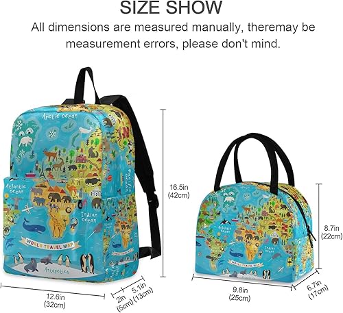 Miniatura 2 de Lindos Perros Mochila Escolar Conjunto Impermeable Bolsas Enfriadoras Aisladas, Simple Mochila Moderna, Mapa del paisaje mundial de animales, Moderno
