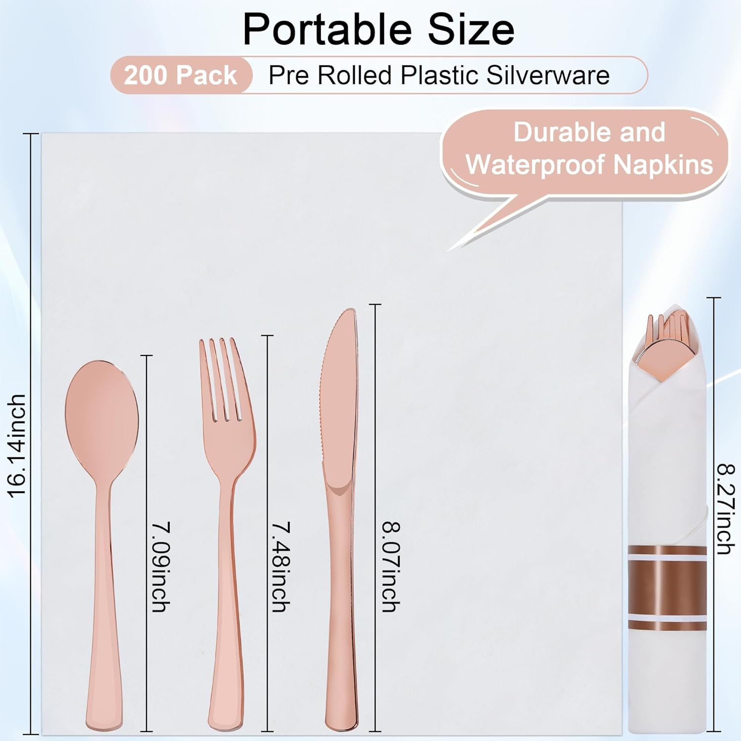 800 PCS Pre Rolled Cutlery Sets, Premium Rose Gold Plastic Flatware Set Wrapped in Napkin, Disposable Cutlery Set with 200 Forks, 200 Knives, 200 Spoons, 200 Napkins for Upscale Wedding, Party, Dinner