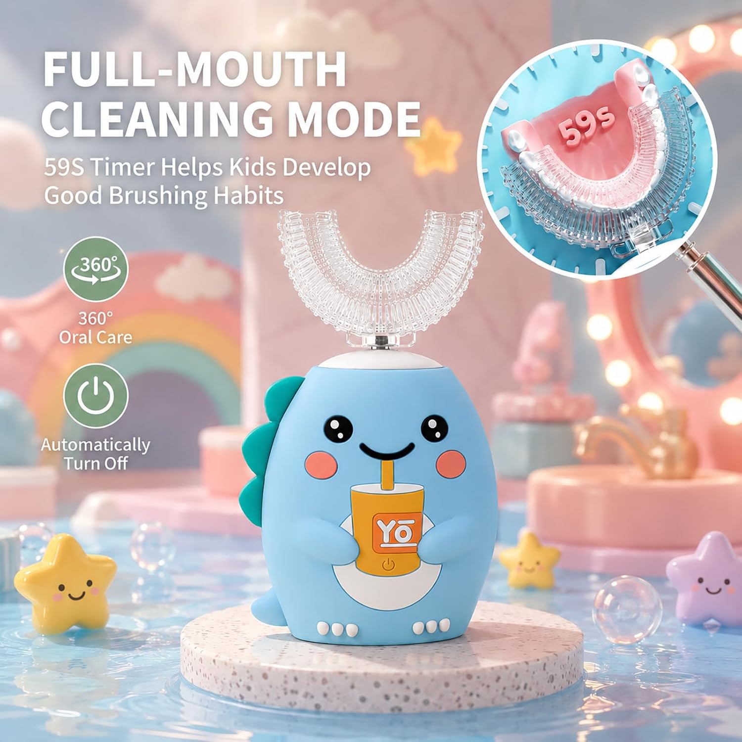 Kids U‑Shaped Sonic Electric Toothbrush for Toddlers Ages 2-15, 360° Rechargeable Toothbrush Kids, 6 Brush Heads 6 Modes, IPX7 Waterproof Automatic 59S Timer - Blue image 2