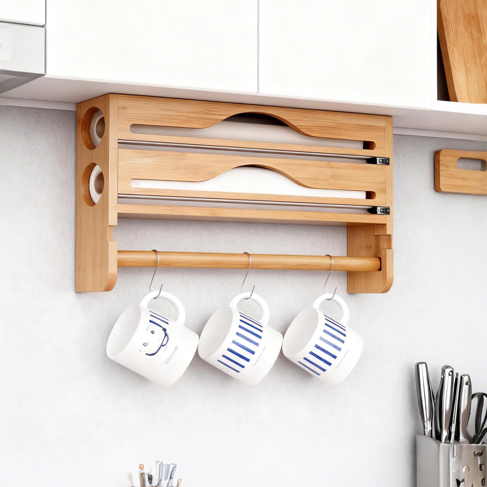 Dispensador de papel de aluminio 3 en 1 de madera con soporte para rollos de cocina, dispensador de papel film transparente de bambú, soporte para rollos de pared, dispensador de láminas adhesivas