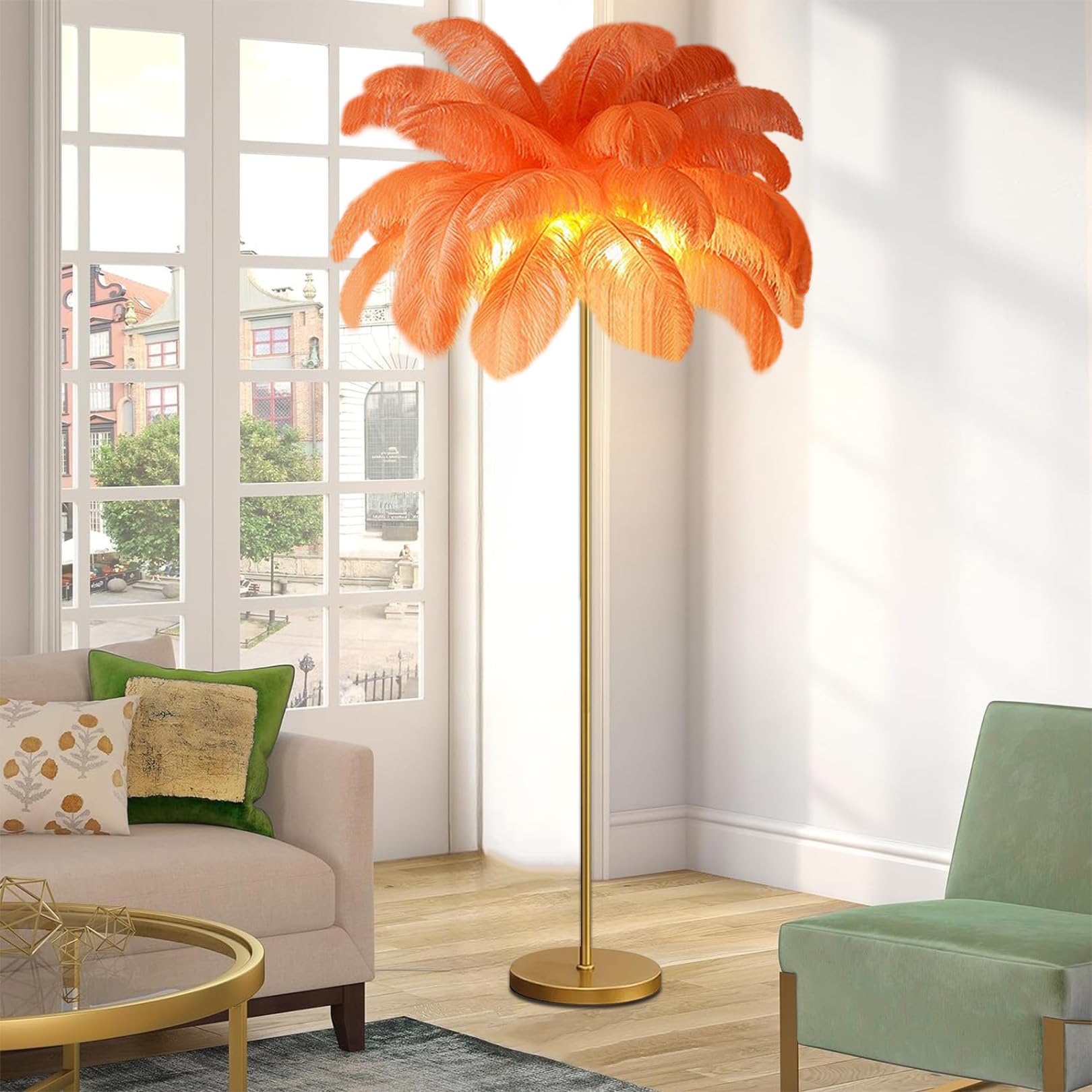 Lampadaire en plumes style bohème chic pour illuminer chaleureusement le salon