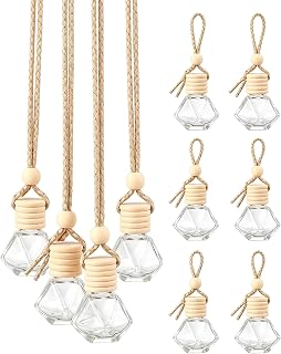 10 Pcs 8ml/0.27oz Hanging Car Air Freshener Bottles, Empty Clear Glass Diffuser Vials with Natural Wood Cap & Adjustable Rope, Refillable Car Perfume Pendant for Aromatherapy Fragrance Home Office