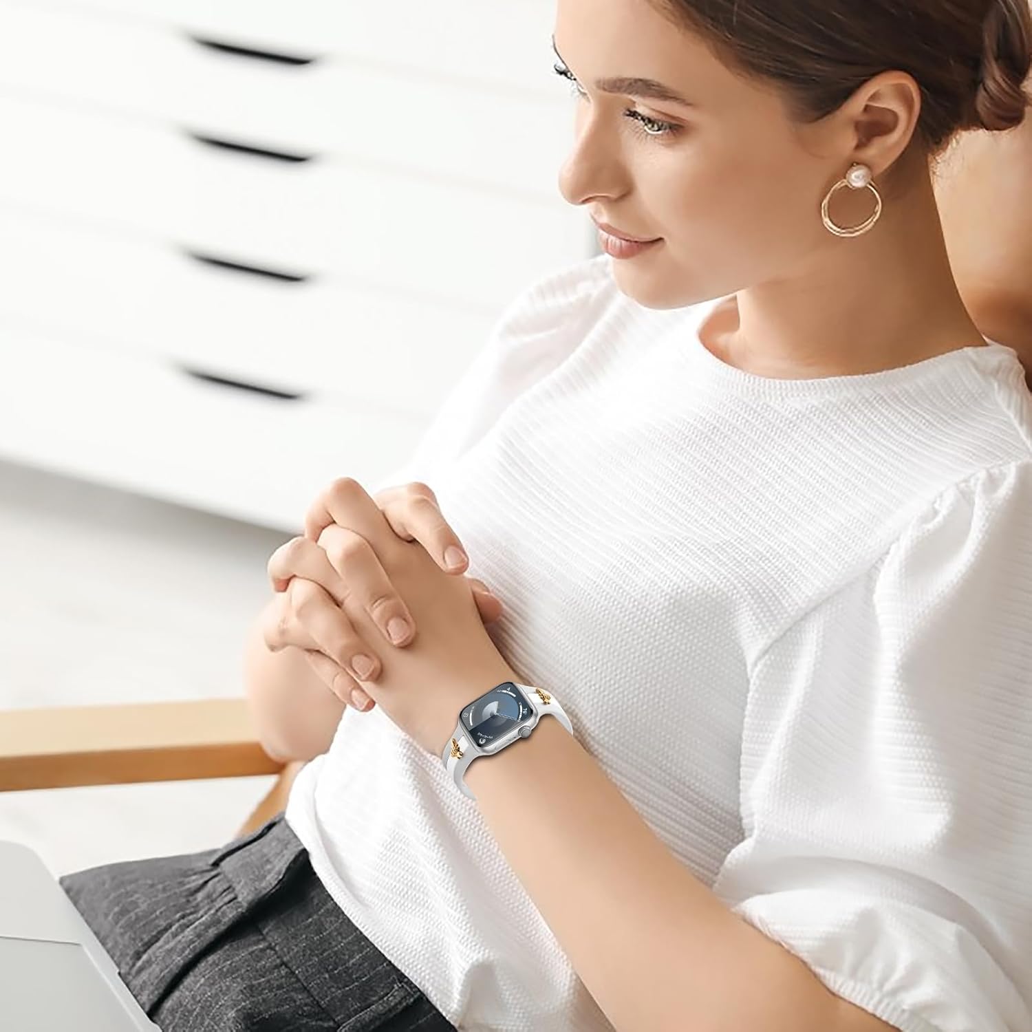 Silicone Strap for Apple Watch Bands 40mm 38mm 41mm 42mm, Stylish Bracelet with Gold Honey Bee Charms for iWatch Series 11 10 9 8 7 6 5 4 3 SE, Designer Sport Wristbands for Apple Watch Bands Gray White - Image 3