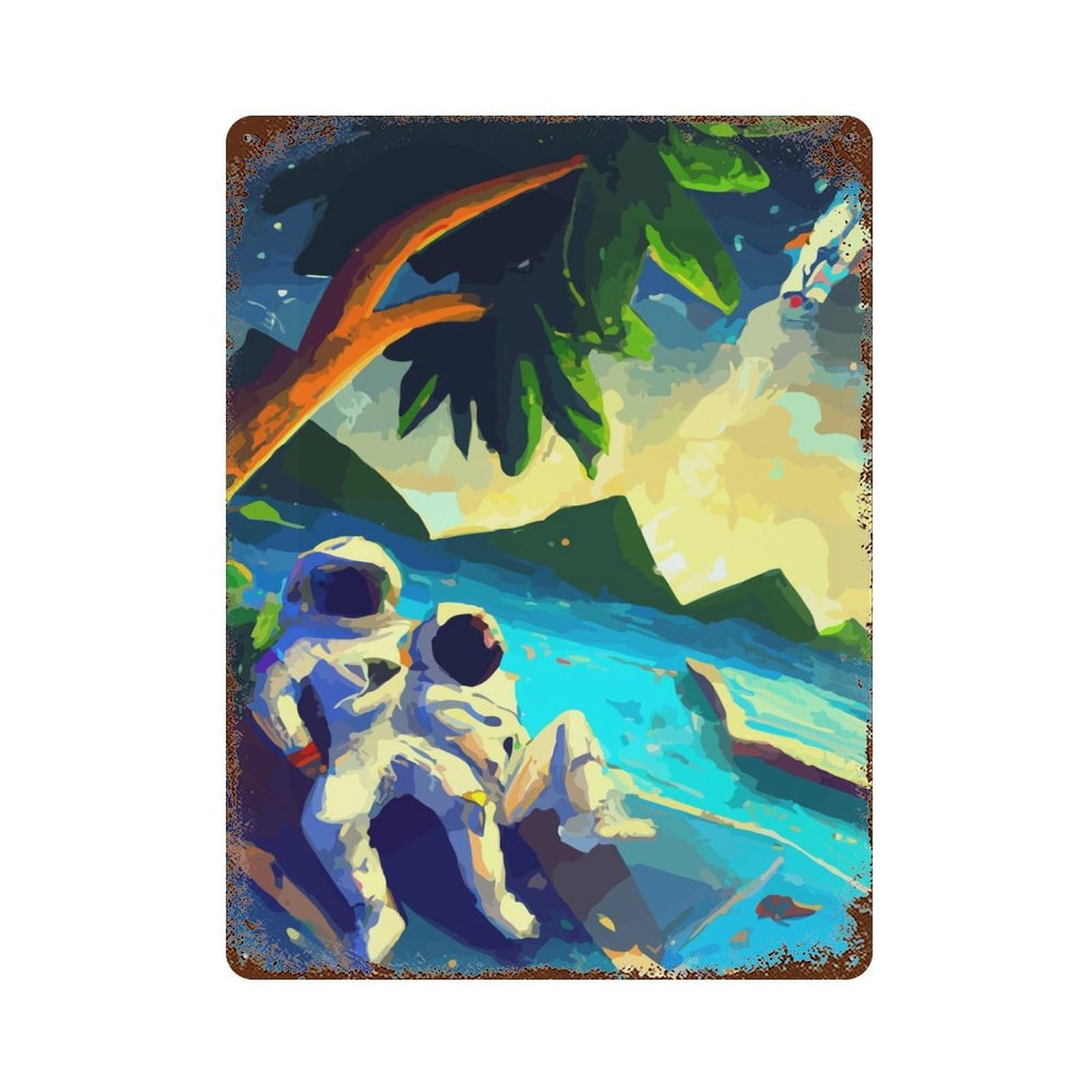 Astronaut in Beach Decorative Tin Sign 15.7"x11.8", for Bistro, Counter And Cafe Decor, Classic Wall Plaque