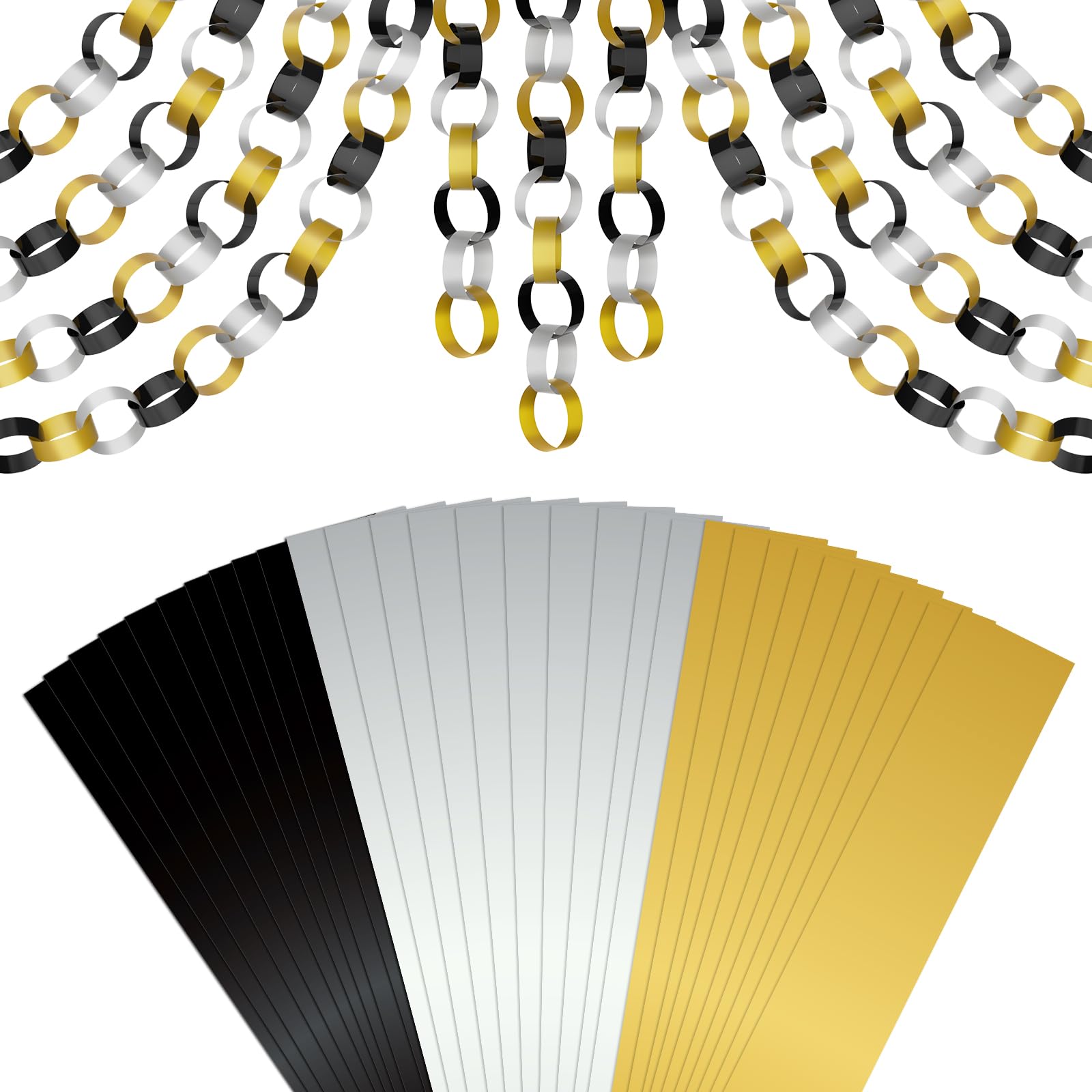 CHRORINE 600 Pcs Colorful Paper Chain Strips for Black and Gold Party Decorations DIY Crafts Supplies (Gold Silver Black
