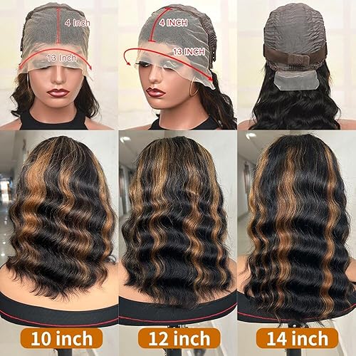 Miniatura 6 de CIYOO Peluca de cabello humano con reflejos degradados 1B30 de 14 pulgadas, peluca Bob ondulada suelta con reflejos HD de 13 x 4, peluca de cabello