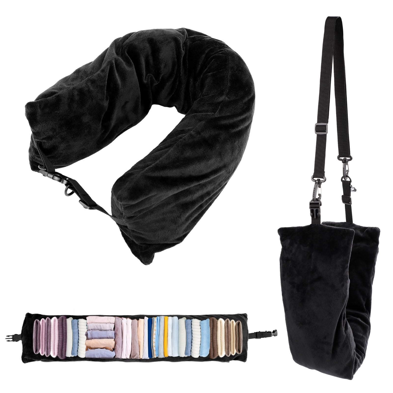 Rectangle Stuffable Travel Pillow, Soft Plush Stuffable Clothes Transformable Neck Pillow Case with 2pcs Adjustable Straps Adults Travel Essentials for Going Out by Car or Plane, No Pillow Filler