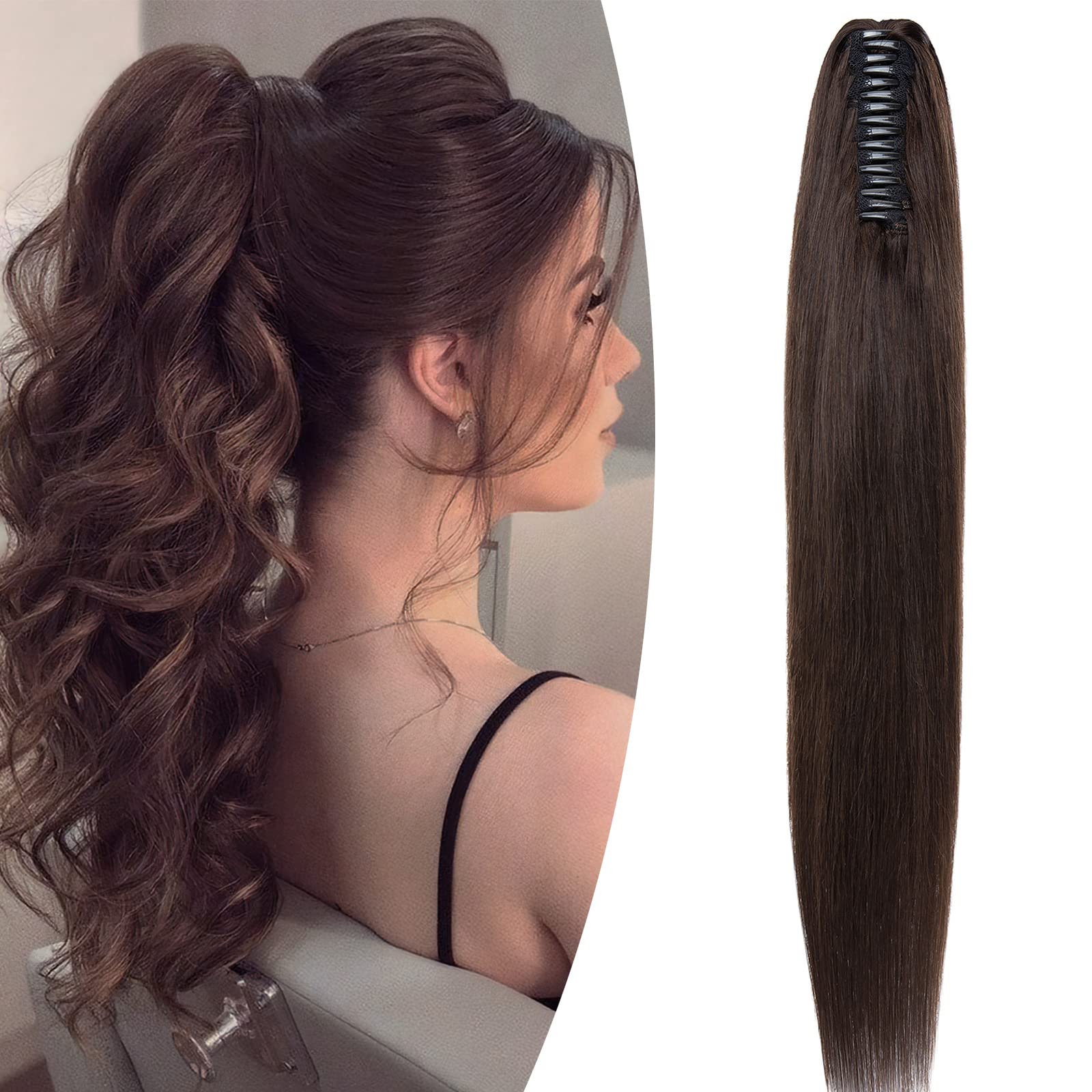 SEGO Extension Coda Capelli Veri Biondi Clip Pinza Cavallo Ponytail Naturale Remy Human Hair Lisci Umani Fascia Unica 45 cm(115 g) #2 Castano Scuro