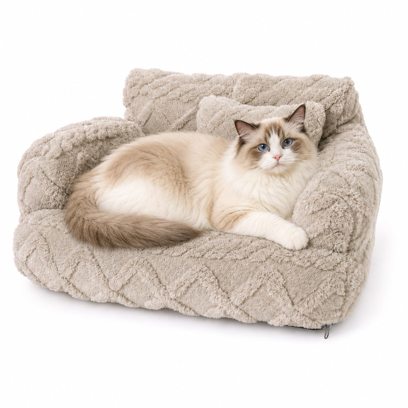 Auveach Cat Sofa Bed, Plush Calming Sofa Bed with Cushion for Indoor Cats & Small Dogs Ultra-Soft Fluffy Pet Bed with Washable Removable Cover, Non-Slip Bottom (Beige, L-65 * 45 * 30cm)