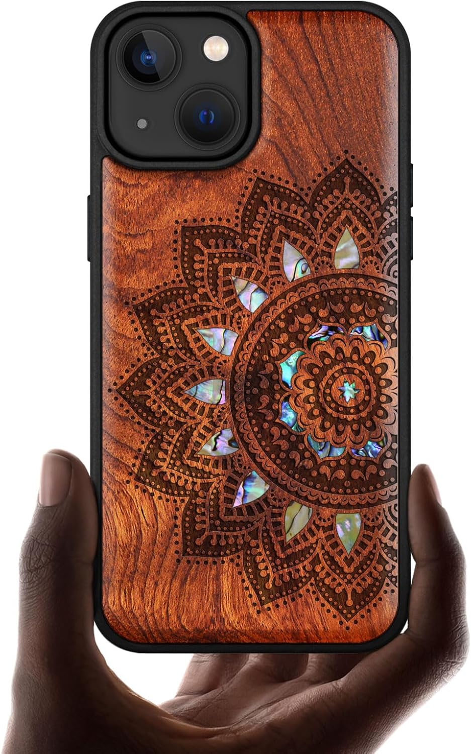 Carveit Designer Wooden Protective Magnetic Case for iPhone 14 Case [Wood Engraving & Shell Inlay] Compatible with iPhone 14 MagSafe (Mandala Art-Rosy)