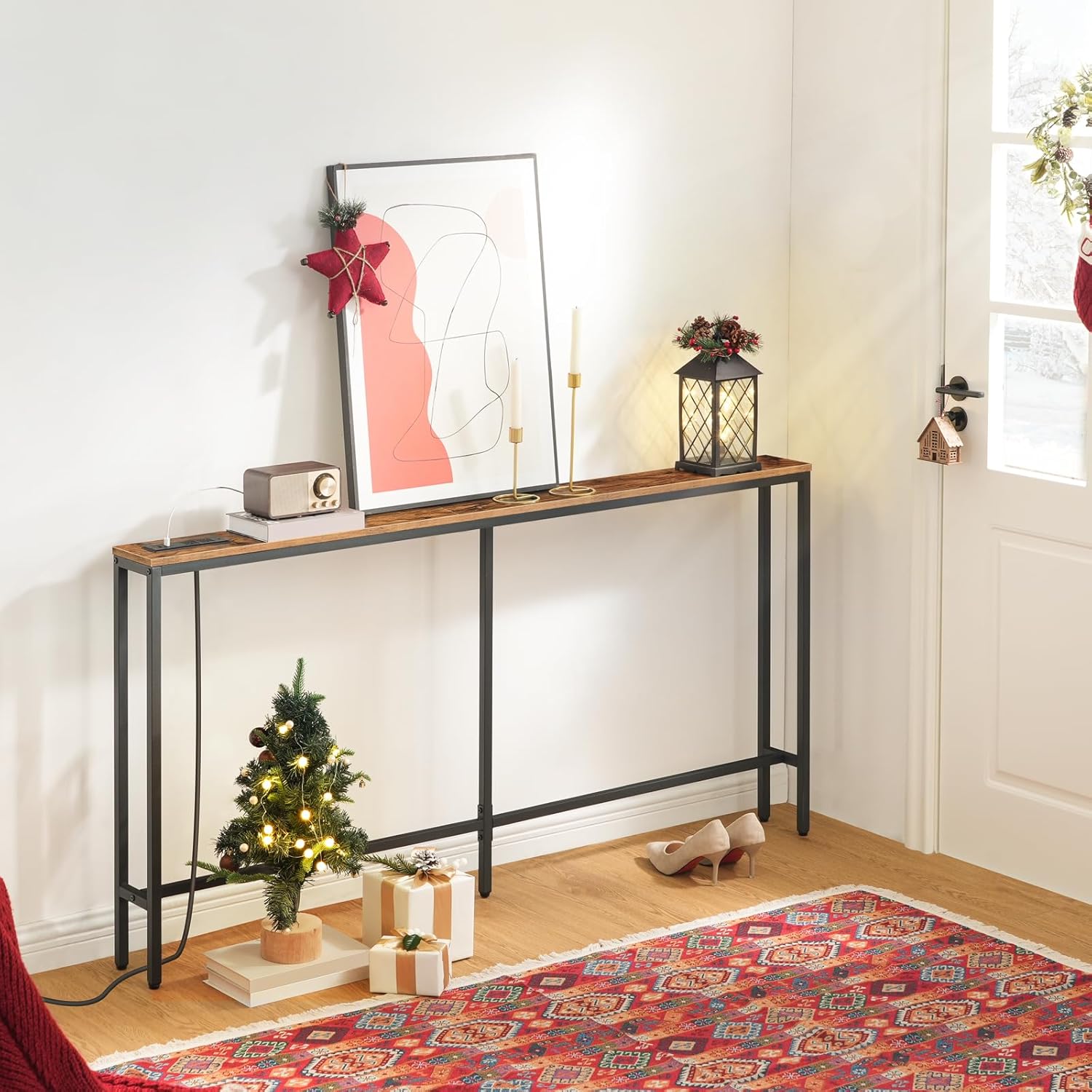 MAHANCRIS 63'' Skinny Console Table with Charging Station, Narrow Long Sofa Couch Table, Easy Assembly, Entryway Table for Living Room, Foyer, Hallway, Rustic Brown CTHR165E01Z1