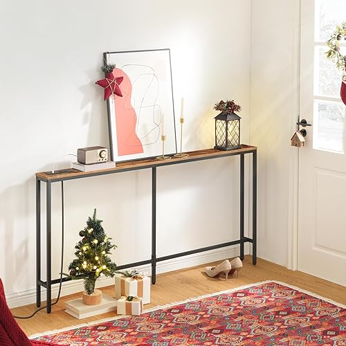 Miniatura 6 de MAHANCRIS Mesa consola delgada de 63 pulgadas con estación de carga, mesa larga estrecha para sofá, fácil montaje, mesa de entrada para sala de
