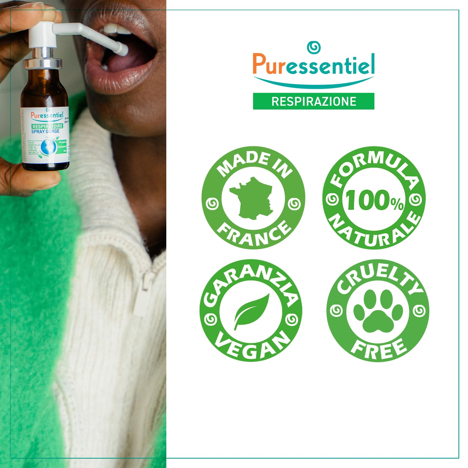 Puressentiel Respirazione, Spray Gola, Formula 100% di Origine Naturale, per il Benessere della Gola e la Funzionalità delle Prime vie Respiratorie, Vegan e Cruelty Free, 15 ml