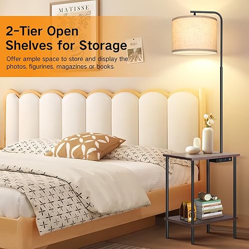 Miniatura 7 de OUTON Lámpara de pie con mesa, mesa auxiliar con lámpara adjunta para dormitorio, puerto de carga tipo C, salida de CA, mesa auxiliar con lámpara