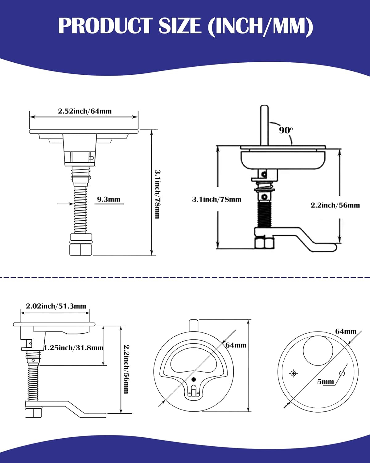 316 Stainless Steel Flush Latch Boat Deck Hatch Latch Marine Flush Twist Latch Fits 2" (51mm) Cutouts with Mounting Accessories