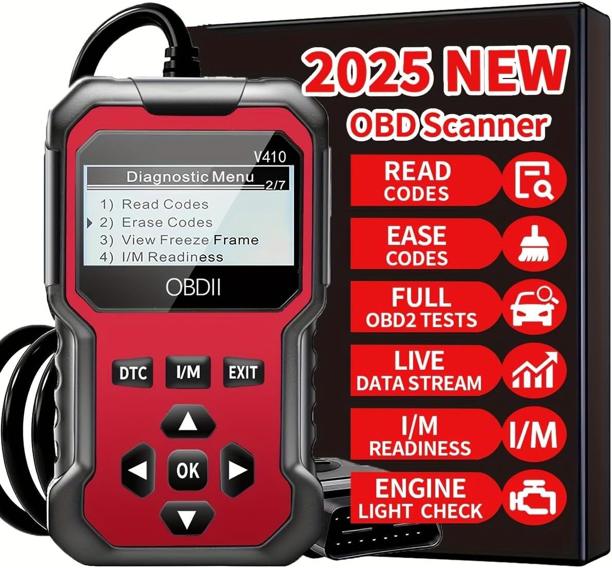 Professional OBD2 Car Diagnostic Scan Tool, Engine Fault Code Reader and Reset Tool, Automotive Check Engine Light Eraser Compatible with All OBDII Protocol Cars Since 1996