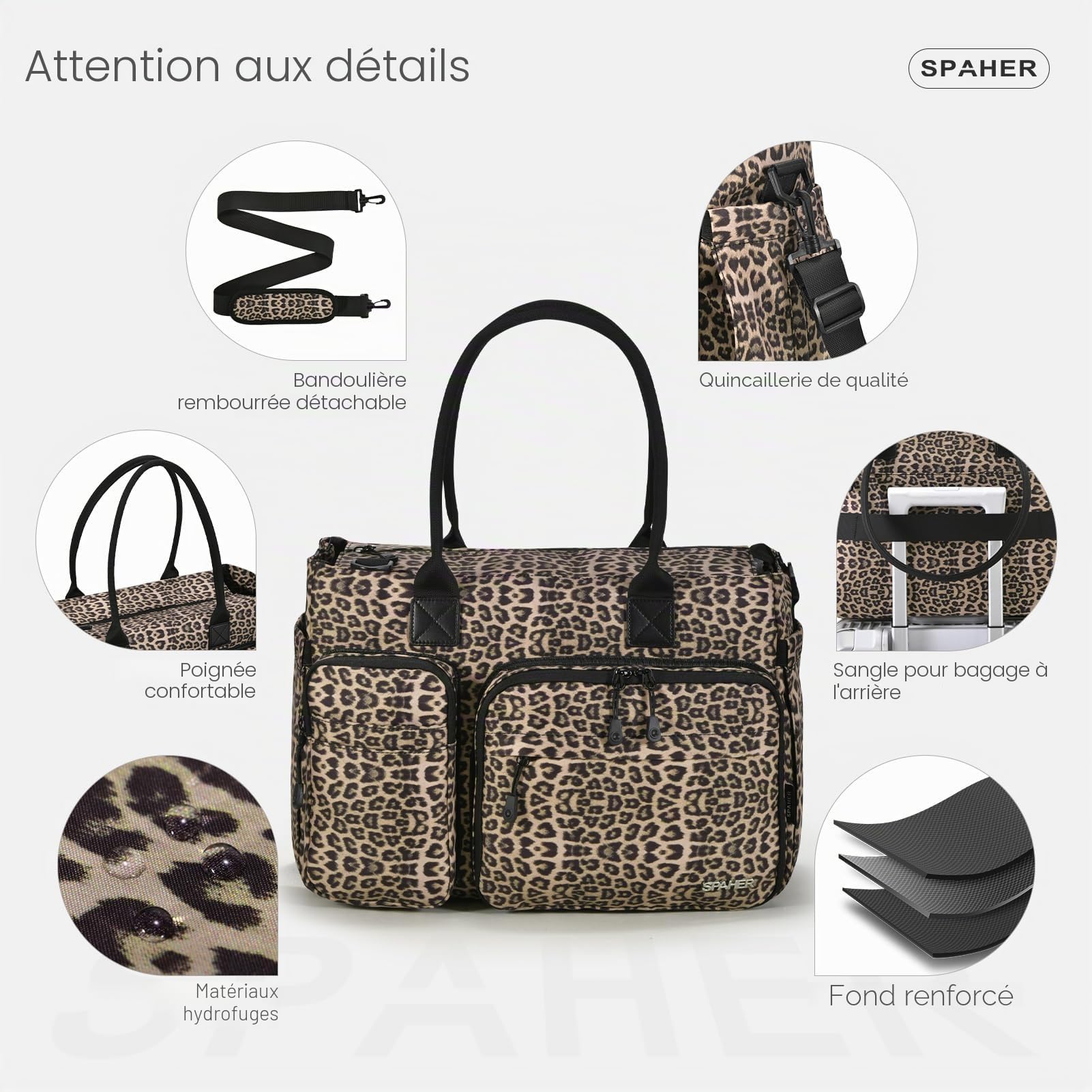 SPAHER Sac de Professeur Sac Voyage Cabine 40x30x15 Air France Léopard Kaki | 17 Poches, Compartiment pour Ordinateur Portable de 15,6 Pouces, pour Personnel Féminin, Enseignantes, Mamans