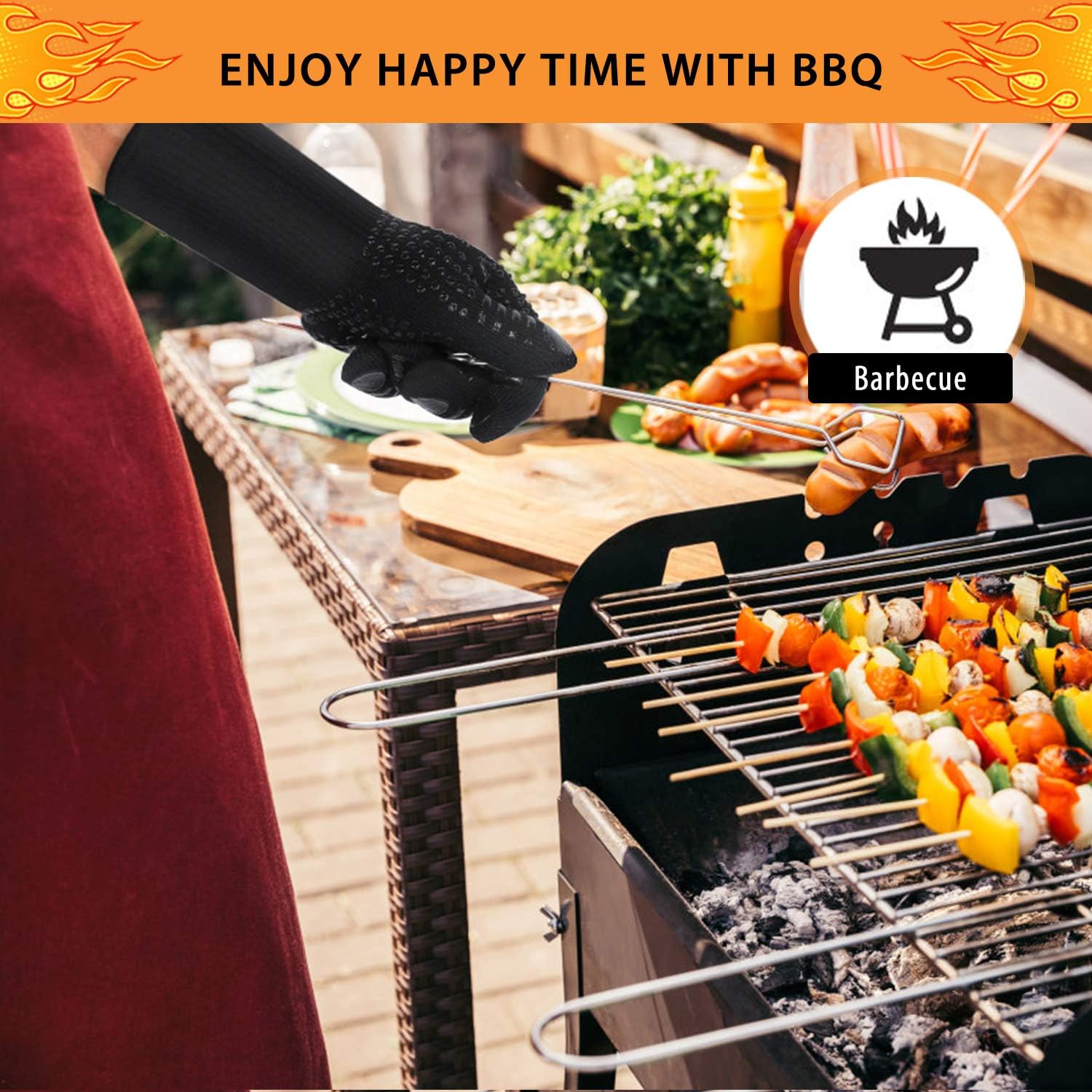 BBQ Gloves 1472°F Extreme Heat Resistant Ov Grill Gloves Heat Proof/Fireproof Gloves Oven Mitts Barbecue Gloves for Smoker/Grilling/Cooking/Baking 12.5CM Large, Black : Patio, Lawn & Garden