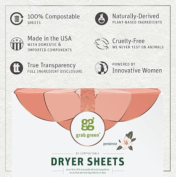 Grab Green Dryer Sheets, 80 Count, Gardenia, Compostable