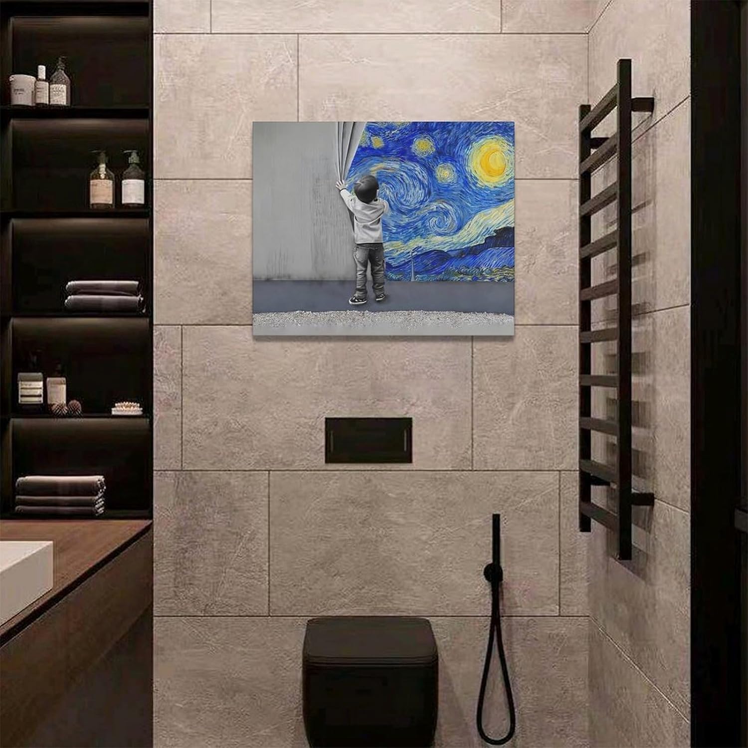 xiilo Banksy Wall Art Boys Starry Night Street Graffiti Pictures Wall Decor Kids Canvas Painting Pop Home Modern Artwork Decorations Framed for Living Room Bedroom Bathroom Office 20 x 16 inch