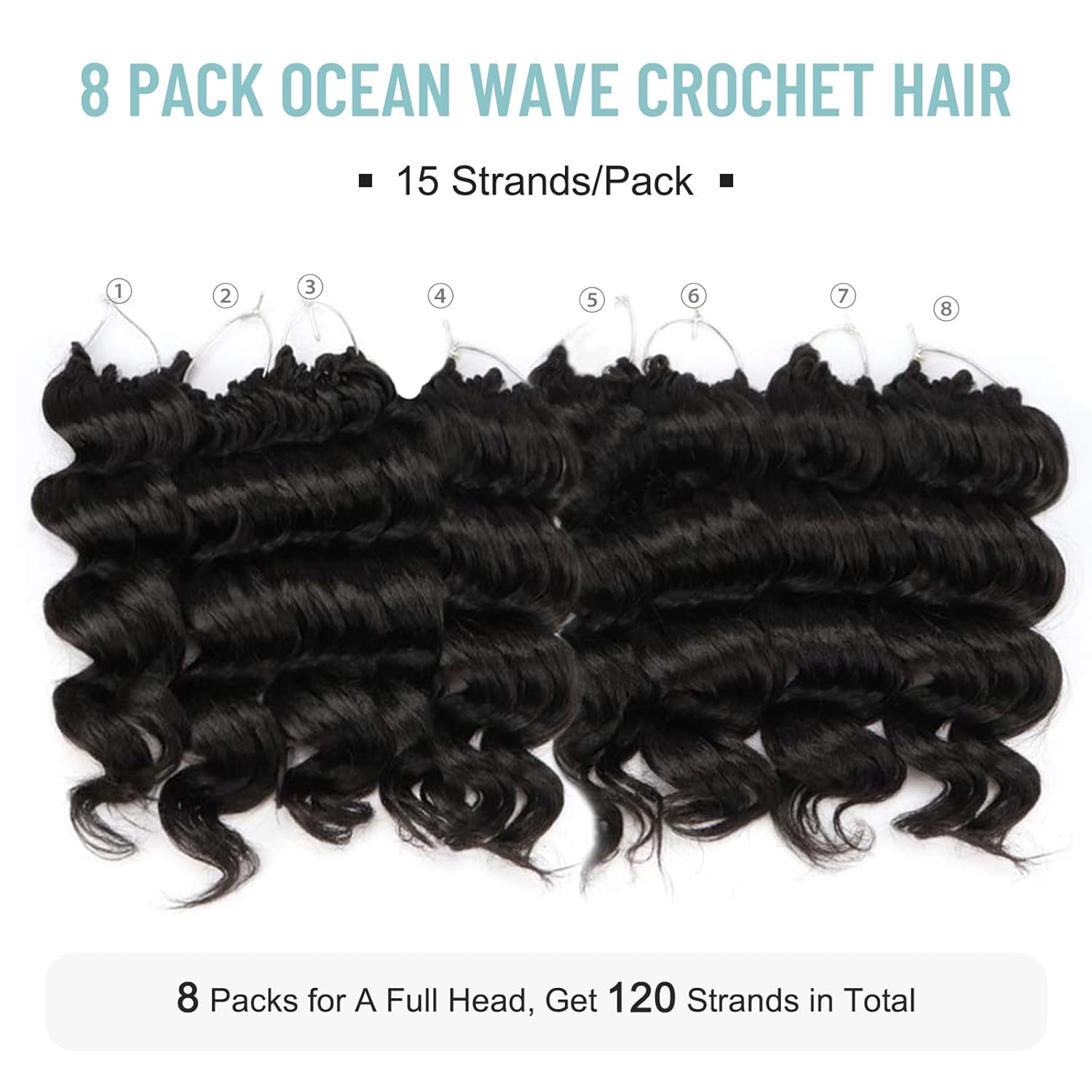 ToyoTree Ocean Wave Crochet Hair - 9 Inch 8 Packs Natural Black Short Curly Deep Wave Crochet Hair, Synthetic Ocean Wave Braiding Hair Extensions (9 Inch,8P-1B)
