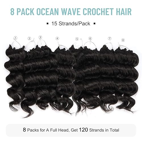 Miniatura 4 de Extensiones de cabello sintético con ondas para crochet, paquete de 8 extensiones de 9pulgadas, 9 pulgadas, #1B