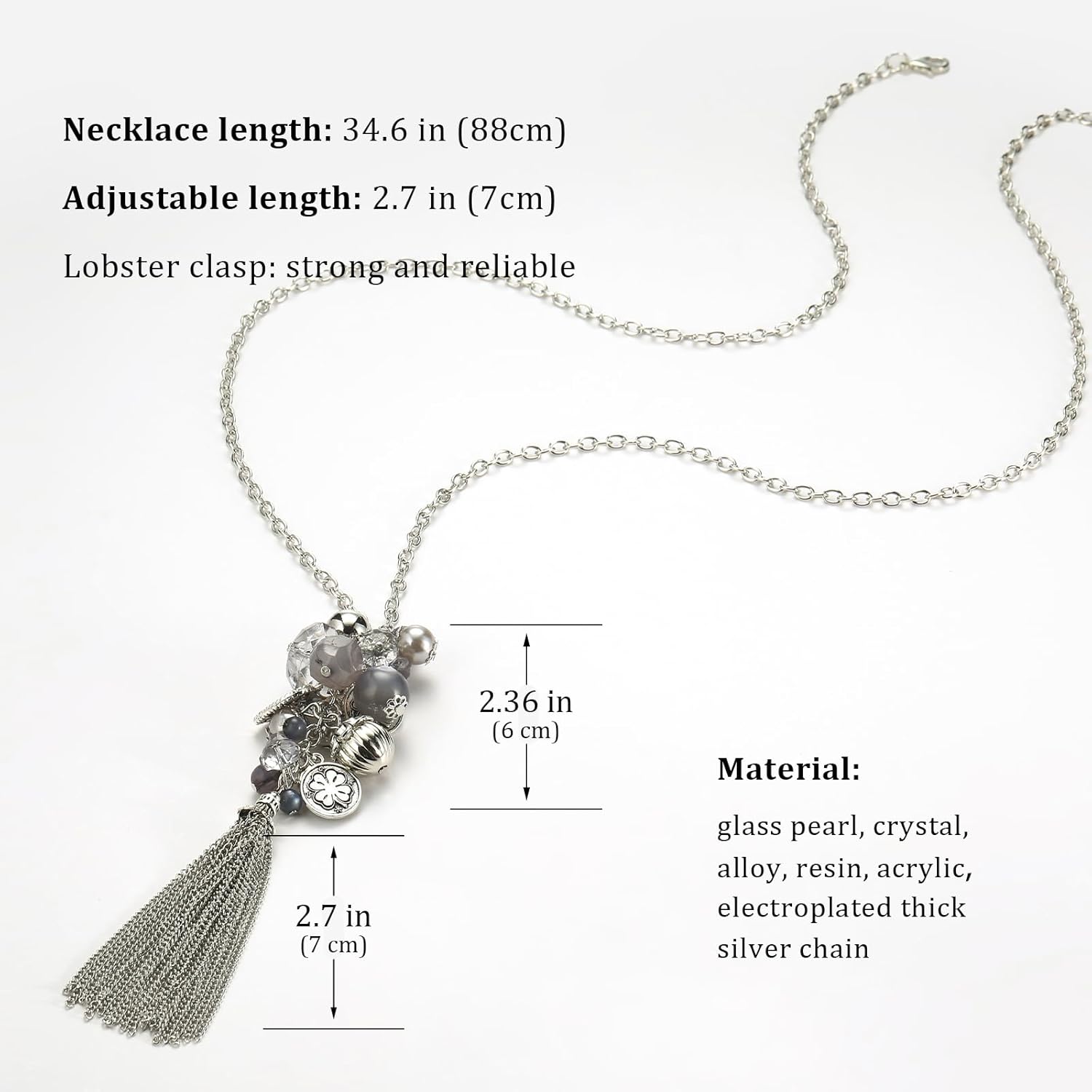PEARL&CLUB Silver Long Tassel Necklaces for Women Boho Chain Necklace with Tassel Beaded Pendant Silver Fashion Jewelry Gifts for Women - Image 6