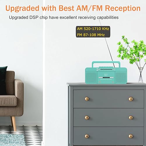 Miniatura 7 de Reproductor de cassette retro portátil con Bluetooth, USB, radio AMFM, micrófono, alimentado por batería de CA o AA para regalo, hogar, auriculares