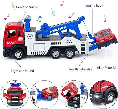 Miniatura 3 de Camión de remolque de juguete con 2 mini coches de juguete, vehículos con luces y sonido transportador de juguete, camión de remolque de metal