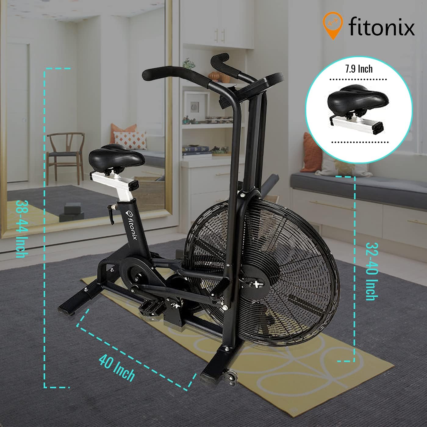 Fitonix Fan Exercise Bike dimensions and seat adjustment