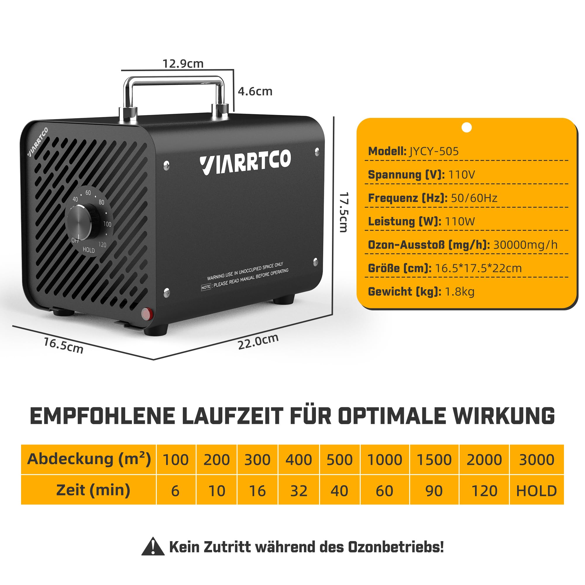 Ozongenerator 30.000 mg/h mit Timer, O3 Ozongerät & Ozon Luftreiniger Geruchsentferner bis 300 m², für Auto, Wohnung, Keller, Garage, Rauch, Haustierzimmer, Metallic-Schwarz