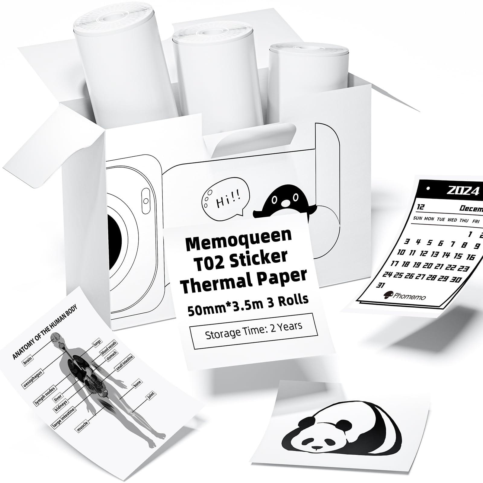 Memoqueen T02 White Adhesive Thermal Paper, Sticker Paper Printer Paper, 1.96" x 11.4' (50mmx3.5m/Roll), Compatible with T02 M02X M02L, Black Text, Keep for 2 Years, 3 Rolls
