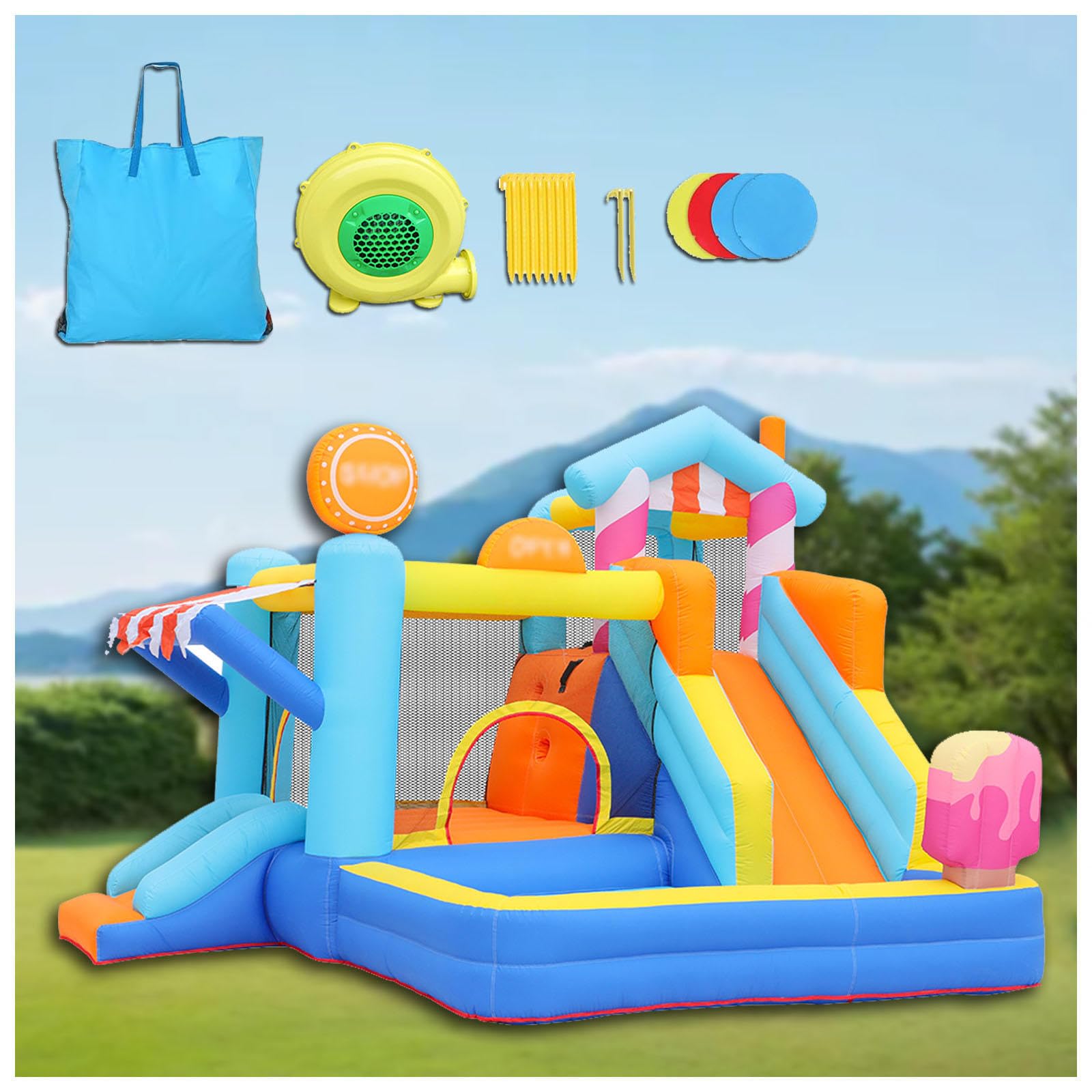 HBDSMLPL Parque Acuatico Hinchable con Soplador y Bolsa de Transporte, 4 en 1, Piscina Hinchable con Tobogan para Niños 3 a 10 años, 340 X 320 X 240 cm