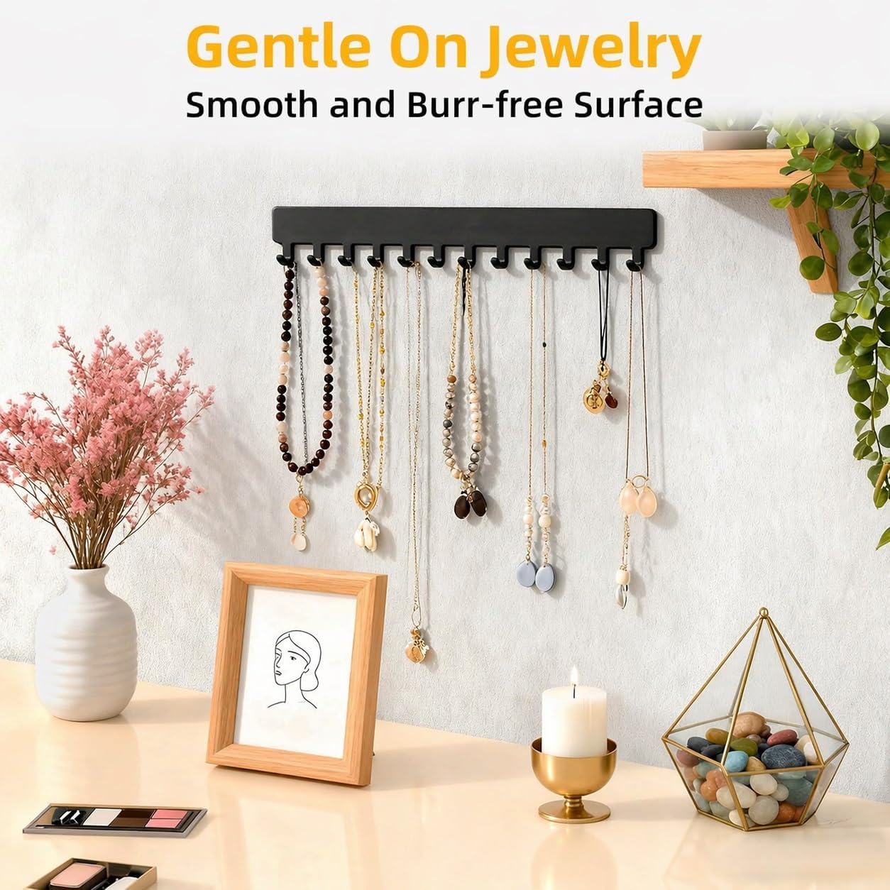 Self-Adhesive Metal Necklace Organizer, Sturdy Necklace Holder Wall Mounted with Hooks for Tangle-Free Jewelry Storage, Self-Adhesive Hanging Jewelry Organizer, No Drilling, 2 Pack (Black)
